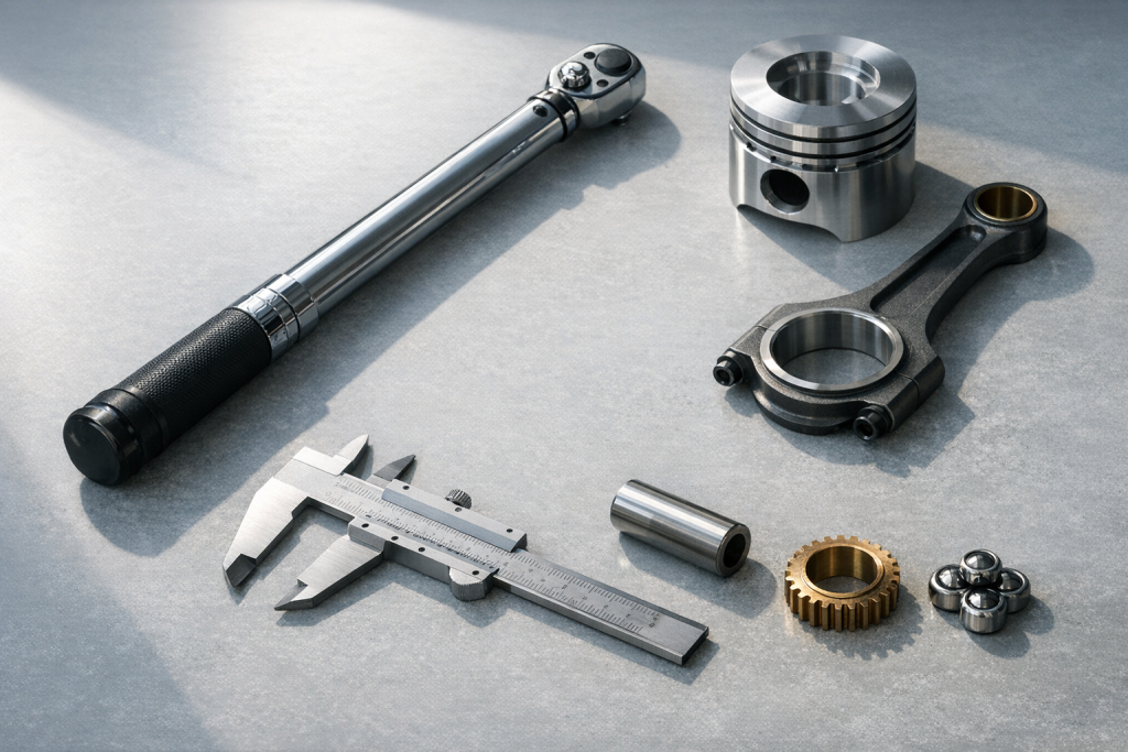 [light] Symbolsk billede af præcision og teknik: et værktøjsbord med måleudstyr og motordele i rolig, minimalistisk opsætning—til mission/værdier.