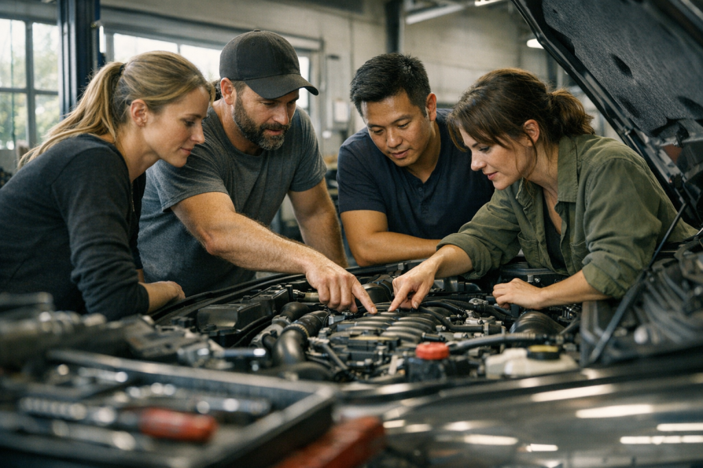 [light] Autentisk værksteds-/garage-miljø med et lille team, der arbejder sammen om et bilprojekt—til ‘Om os’ og kultur.