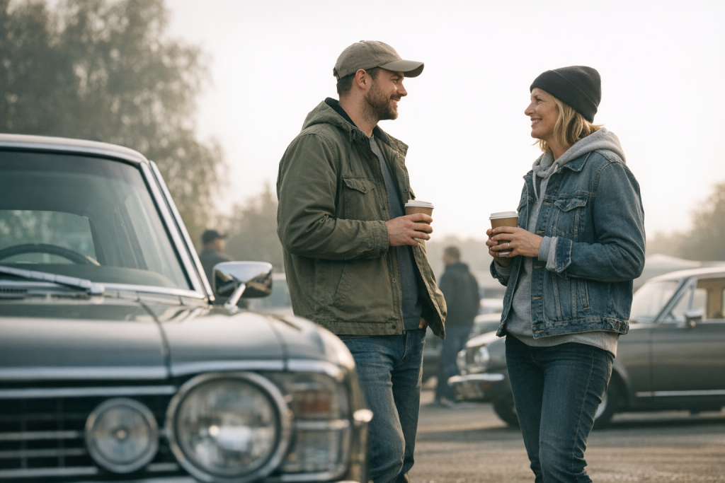[light] Lifestyle/atmosfære: to entusiaster ved en klassisk bil på en rolig parkeringsplads, kaffe og samtale—viser fællesskab uden at blive for poleret.