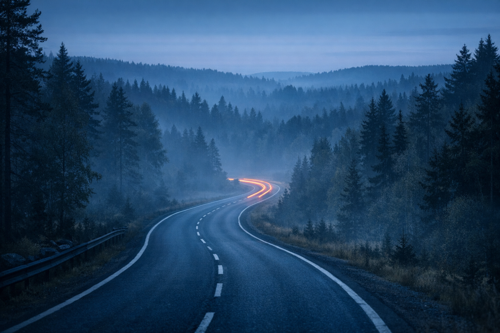 [dark] Standard blogheader: stemningsfuldt billede af en snoet vej med billys i skumring—alsidigt til mange artikler.