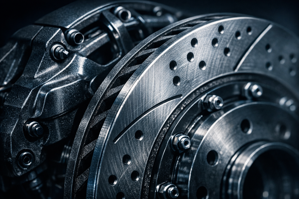 [dark] Nærbillede-detalje til feature: makro af mekaniske elementer (bremsekaliber, skive, eller gearkomponent) med høj materialefølelse.