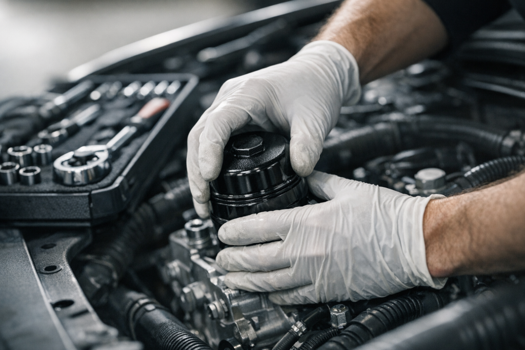 [dark] Illustrerer guides/DIY: hænder der udfører service på en motor (olieskift/filtre) i et rent garage-setup—til servicekort/sektion.