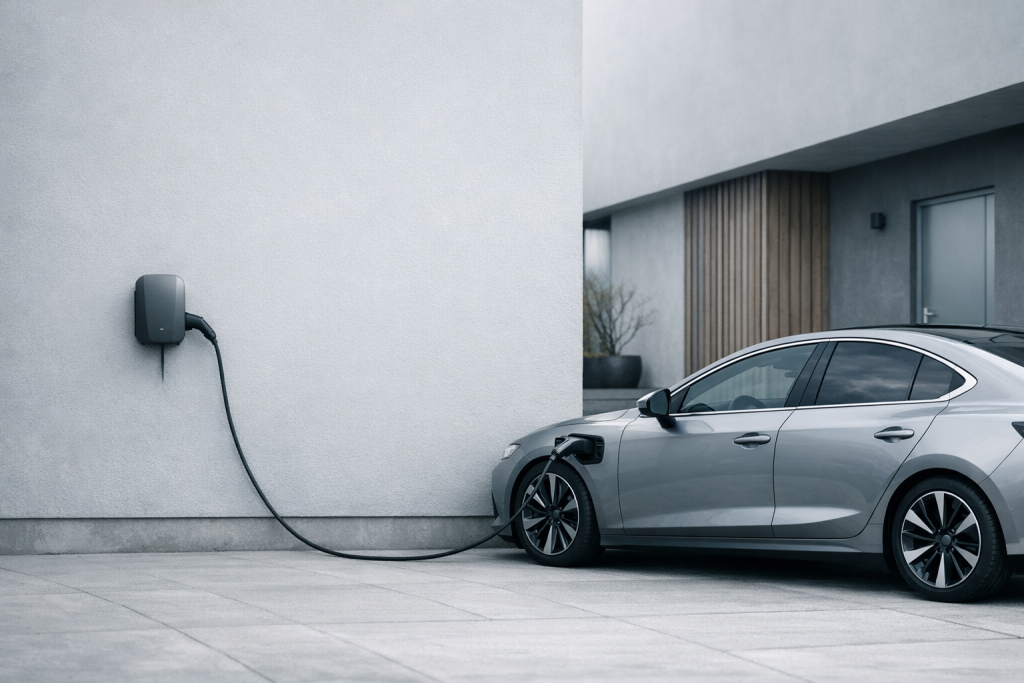 [light] Illustrerer teknologi/elbiler: opladning af elbil ved en diskret ladeboks i moderne dansk miljø—til tech/EV-indhold.