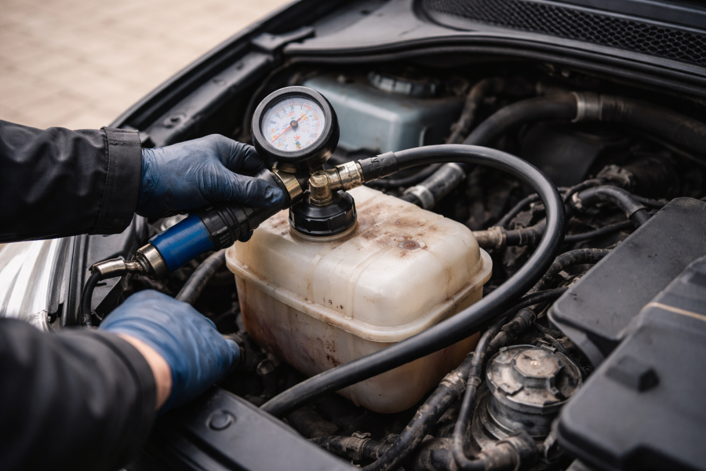 Kølervæsken falder, men indkørslen er tør: min trykprøve-plan til at finde den skjulte læk