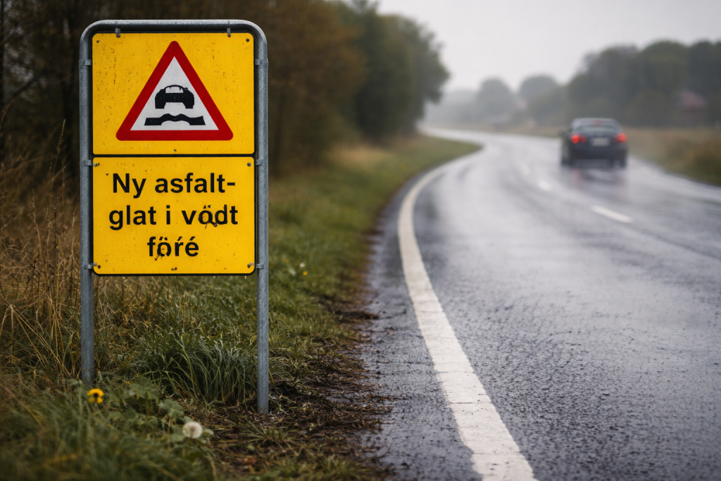 Skiltet “Ny asfalt - glat i vådt føre”: betydning, risiko og din kørsel